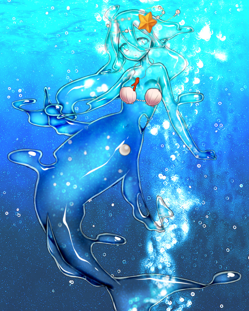 1girl blue_background closed_mouth coral core hair_between_eyes hair_over_one_eye highres jewelry looking_at_viewer meltyhip mermaid monster_girl navel necklace pixiv_fantasia pixiv_fantasia_last_saga seashell shell shell_bikini slime_girl solo starfish_hair_ornament transparent_skin underwater