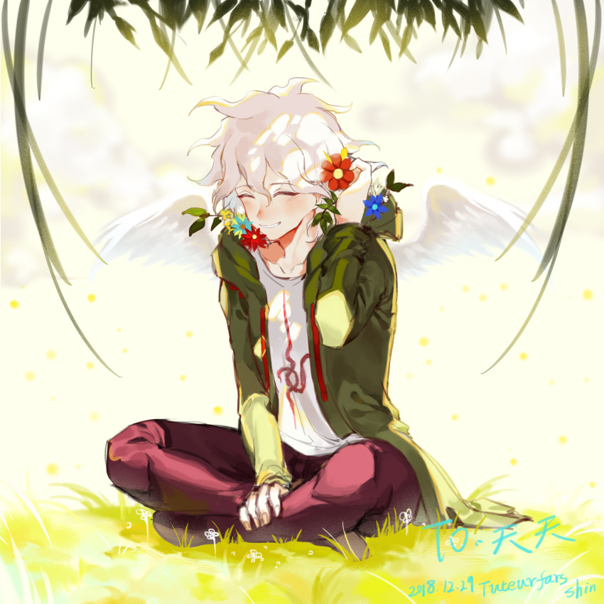 1boy absurdres artist_name bangs blue_flower blush closed_eyes collarbone commentary_request dangan_ronpa_(series) dangan_ronpa_2:_goodbye_despair dated flower full_body grass green_jacket hair_between_eyes hair_flower hair_ornament hand_on_own_leg highres hood indian_style jacket komaeda_nagito male_focus messy_hair pants print_shirt red_flower shirt signature silver_hair sitting smile solo teeth tuteurfars_shin white_hair