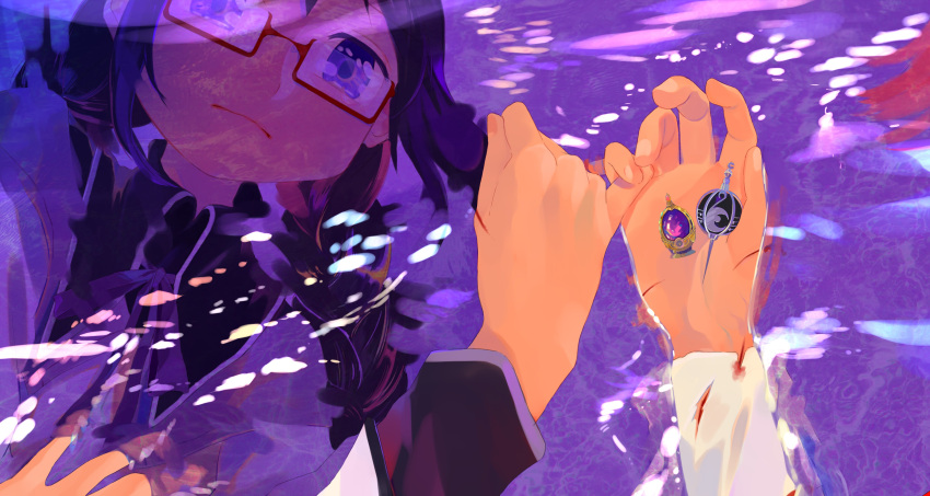 2girls absurdres akemi_homura arm_support black_hair blood bloody_clothes braid closed_mouth commentary_request cuts eyebrows_visible_through_hair fingernails from_above glasses grief_seed half-closed_eyes hand_rest hands high_collar highres holding_hands injury interlocked_fingers jitome kaname_madoka long_sleeves looking_afar looking_at_another looking_down mahou_shoujo_madoka_magica multiple_girls neck_ribbon out_of_frame palms partially_submerged pink_eyes pinky_swear pov purple_neckwear purple_ribbon red-framed_eyewear reflection reflective_water ribbon sad sate_(ryu_ryu_1212m) semi-rimless_eyewear soaking_hands soul_gem twin_braids under-rim_eyewear violet_eyes water water_surface