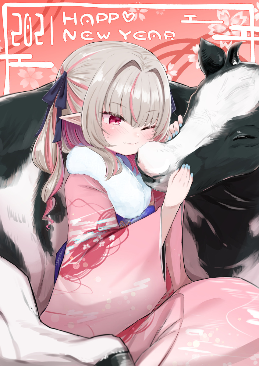 1girl 2021 absurdres animal bangs black_ribbon blunt_bangs brown_hair bull chinese_zodiac closed_mouth commentary_request eyebrows_visible_through_hair hair_ribbon happy_new_year highres japanese_clothes kimono kio_(yumekuikio) long_hair long_sleeves makaino_ririmu multicolored_hair new_year nijisanji one_eye_closed pink_hair pink_kimono pointy_ears ribbon sitting solo two-tone_hair virtual_youtuber wide_sleeves year_of_the_ox