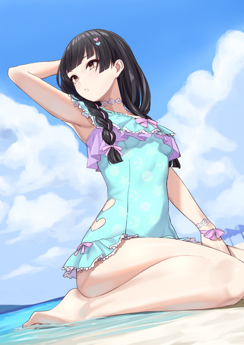 1girl arm_up armpits bare_legs barefoot beach between_legs black_hair blue_sky blue_swimsuit blush braid breasts brown_eyes clothing_cutout clouds cloudy_sky crescent_print day eyebrows_visible_through_hair frilled_swimsuit frills hair_ornament hand_between_legs heart heart_cutout heart_hair_ornament highres idolmaster idolmaster_shiny_colors long_hair mayuzumi_fuyuko medium_breasts michitaro_smile ocean one-piece_swimsuit outdoors ribbon seiza side_braids sitting sky solo swimsuit thighs twin_braids wrist_ribbon