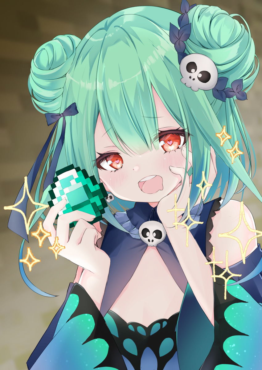 1girl absurdres blurry blurry_background blush commentary_request detached_sleeves diamond_(gemstone) double_bun earrings flat_chest gothic_lolita green_hair hair_between_eyes hair_ornament heart heart-shaped_pupils highres hololive huge_filesize jewelry lolita_fashion minecraft moizumi_shipon open_mouth red_eyes symbol-shaped_pupils uruha_rushia