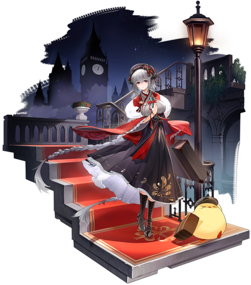 1girl azur_lane bangs beret blush boots braid breasts clock clock_tower eyebrows_visible_through_hair flower full_body fur_trim grey_hair hat highres holding horns japanese_clothes knee_boots large_breasts long_hair long_skirt looking_at_viewer luggage manjuu_(azur_lane) night night_sky nurnberg_(azur_lane) nurnberg_(spring_wanderer)_(azur_lane) official_art parted_lips red_eyes rose shadow skirt sky stairs tied_hair tower transparent_background twin_braids twintails very_long_hair wide_sleeves yyy_(zelda10010)