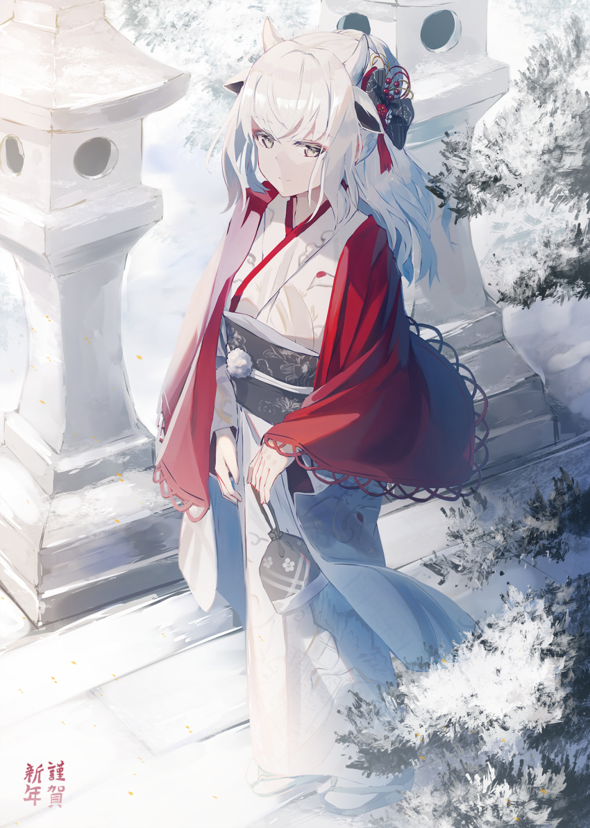 1girl animal_ears bangs closed_mouth commentary_request eyebrows_visible_through_hair grey_eyes hair_between_eyes hair_ornament highres holding horns japanese_clothes kimono long_hair long_sleeves nagishiro_mito obi original outdoors ponytail sash sleeves_past_wrists smile snow solo standing stone_lantern white_hair white_kimono wide_sleeves