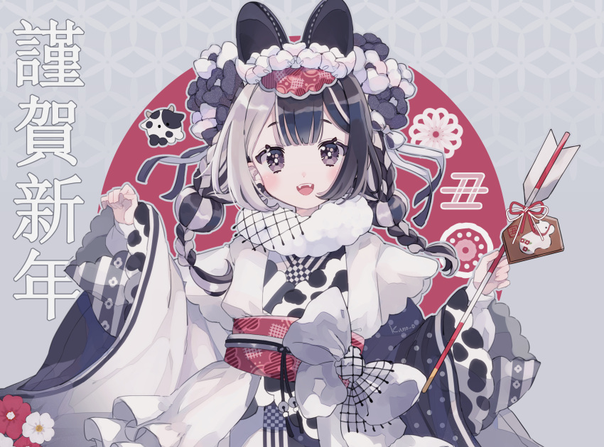 1girl animal_ears animal_print arrow_(projectile) bangs bell blunt_bangs blush bow braid commentary_request cow_print dot_nose ema fake_animal_ears fangs flower fur_collar grey_eyes hair_bow hair_flower hair_ornament hamaya hands_up highres holding japanese_clothes jikuno kimono long_sleeves looking_at_viewer medium_hair multicolored_hair multiple_braids new_year obi obijime open_mouth original patterned_background sash signature smile solo translated twin_braids two-tone_hair upper_body wide_sleeves