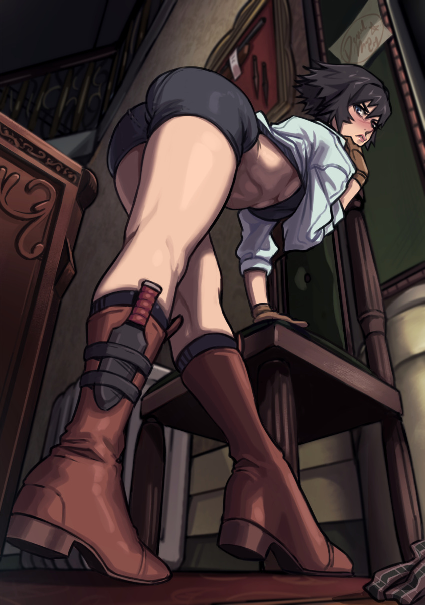 1girl annoyed ass bent_over black_hair boots bra breasts chair dagger desk devil_may_cry devil_may_cry_3 from_below gloves heterochromia highres imdsound lady_(devil_may_cry) looking_at_viewer looking_down scowl short_hair short_shorts shorts skirt skirt_removed solo thighs toned under_boob underwear weapon