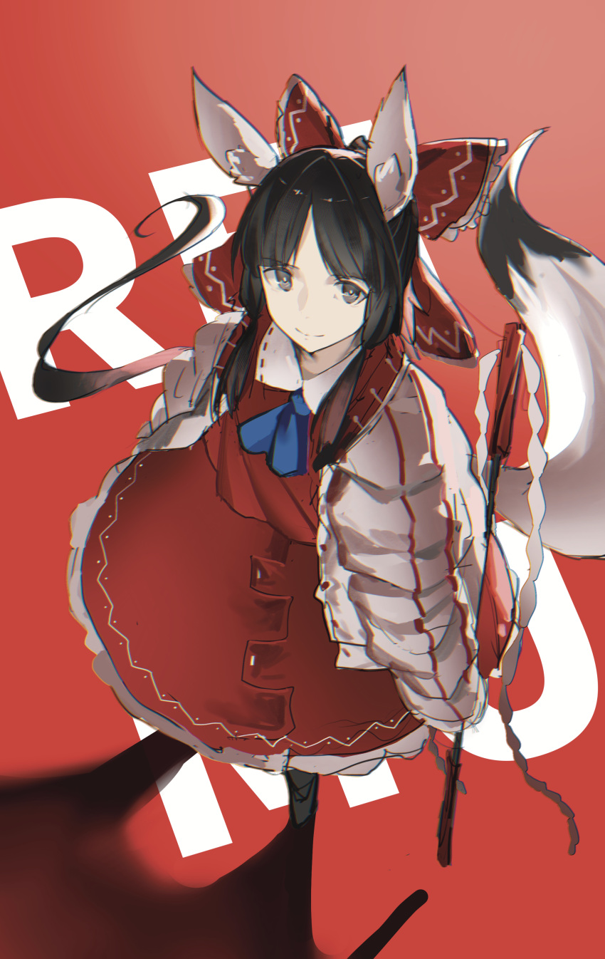 absurdres animal_ears ascot black_eyes black_footwear black_hair blue_ascot bow character_name chinese_commentary closed_mouth commentary fox_ears fox_tail frilled_bow frilled_skirt frills from_above gohei gradient gradient_background hair_bow hakurei_reimu highres holding_gohei kemonomimi_mode long_hair looking_at_viewer looking_up ponytail red_bow red_skirt red_vest sidelocks simple_background sketch skirt smile tail touhou very_long_hair vest wb_yimo white_sleeves
