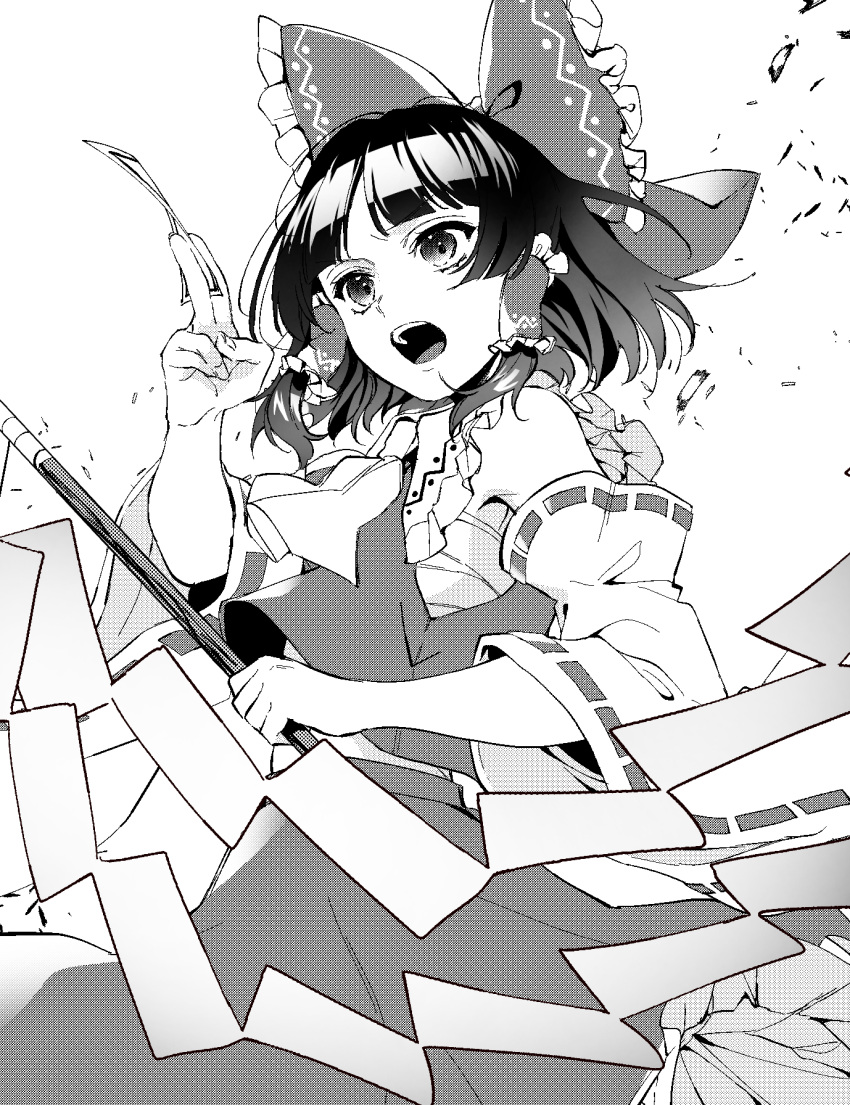 amulet ascot bow collared_vest cowboy_shot detached_sleeves eyelashes frilled_bow frills gohei hair_bow hakurei_reimu highres holding jill_07km midriff_peek monochrome nail nontraditional_miko off_shoulder open_mouth sarashi seal short_hair sidelocks simple_background skirt skirt_set tongue touhou upper_teeth vest vest_lift white_background wide_sleeves