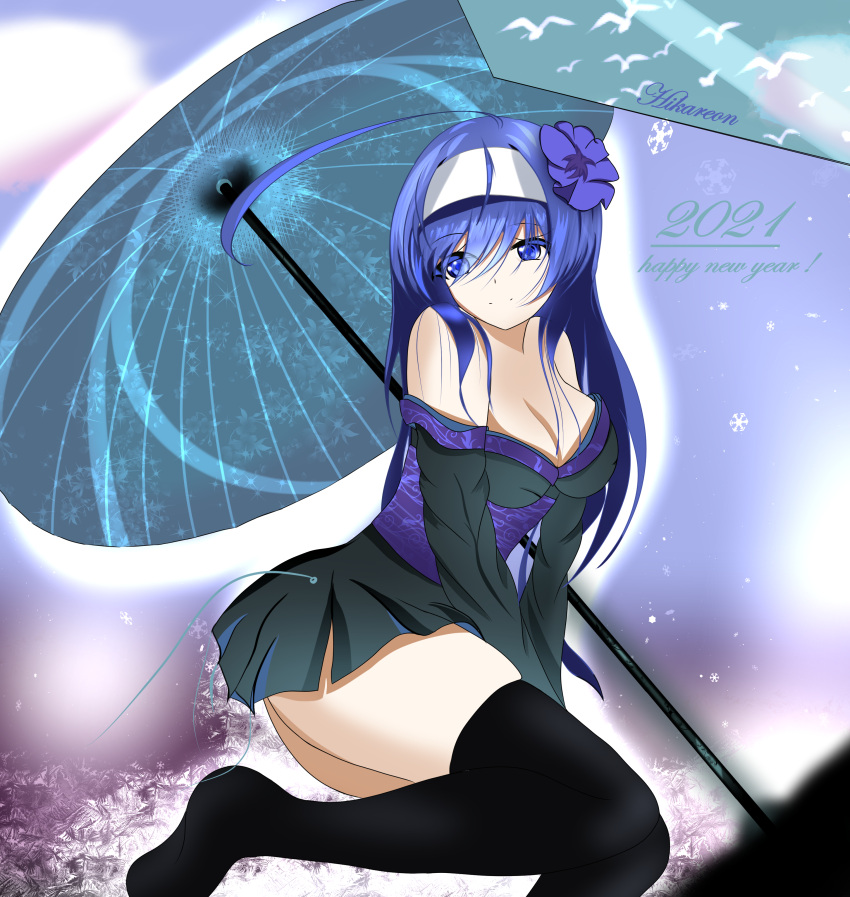 2021 absurdres ahoge blue_eyes breasts hairband highres japanese_clothes orie_(under_night_in-birth) purple_hair skirt snowflakes thigh-highs thighs umbrella under_night_in-birth