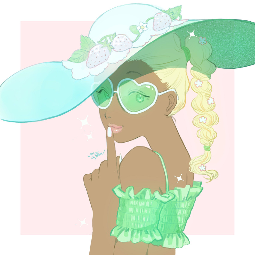 1girl blonde_hair border braid braided_ponytail crop_top dark_skin dark-skinned_female food frilled_shirt frills fruit green-tinted_eyewear green_shirt heart heart-shaped_eyewear highres index_finger_raised leaf midriff mu_mashu off-shoulder_shirt off_shoulder original pink_background shadow shirt signature simple_background smile solo sparkle strawberry upper_body white_border white_headwear white_nails