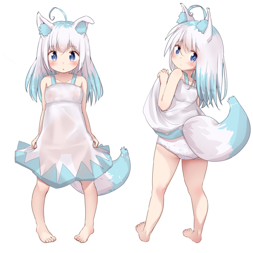 1girl :o ahoge animal_ear_fluff animal_ears ass bare_arms bare_shoulders barefoot blue_hair blush closed_mouth collarbone commentary_request dress dress_lift fox_ears fox_girl fox_tail highres lifted_by_self long_hair looking_at_viewer looking_back mochiyuki multicolored_hair multiple_views original panties parted_lips polka_dot polka_dot_panties simple_background sleeveless sleeveless_dress standing tail two-tone_hair underwear white_background white_dress white_hair white_panties