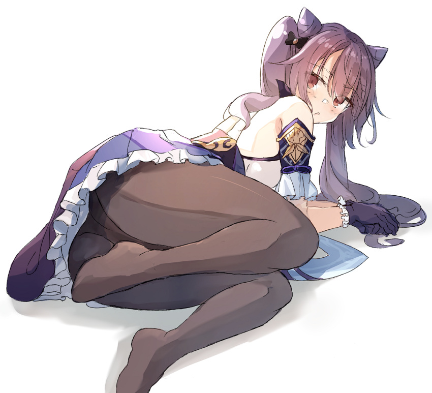 1girl arm_support ass bangs bare_shoulders black_legwear blush breasts detached_sleeves double_bun dress eyebrows_visible_through_hair frills genshin_impact gloves hair_ornament keqing_(genshin_impact) long_hair looking_at_viewer lying medium_breasts on_side pantyhose purple_hair simple_background solo twintails violet_eyes white_background