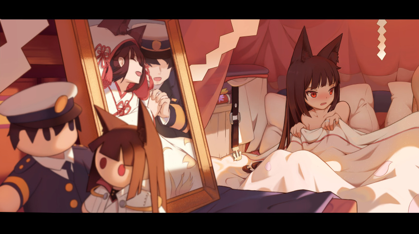 1boy 1girl :d ^_^ ^o^ absurdres animal_ears azur_lane bangs bare_shoulders bed bed_sheet belt black_hair blanket blunt_bangs blush character_doll closed_eyes collarbone commander_(azur_lane) commentary_request dalian_(1457091741) dress embarrassed eyebrows_visible_through_hair fox_ears hair_ornament hat highres holding_blanket holding_hands japanese_clothes kimono long_hair looking_to_the_side military military_uniform nagato_(azur_lane) nagato_(great_fox's_shiroshouzoku)_(azur_lane) naval_uniform open_mouth out_of_frame peaked_cap photo_(object) pillow red_eyes shade shaded_face sidelocks smile tsunokakushi uchikake uniform wedding_dress wedding_photo