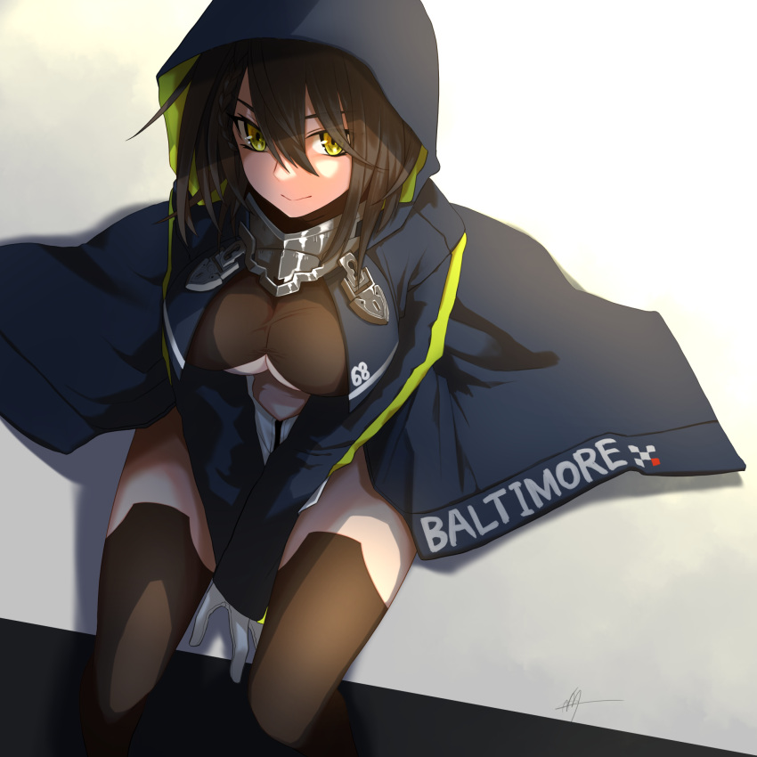 1girl ahoge azur_lane baltimore_(azur_lane) bangs between_legs black_legwear blue_coat braid breasts brown_hair center_opening character_name clothing_cutout coat commentary cowboy_shot eyebrows_visible_through_hair french_braid from_above gloves hair_between_eyes hand_between_legs highres hood hood_up hooded_coat large_breasts long_sleeves looking_at_viewer multicolored_coat navel_cutout nmz_(namazu) number pelvic_curtain shadow short_hair sidelocks signature sitting smile solo taut_clothes thigh-highs under_boob underboob_cutout visor_(armor) white_gloves yellow_eyes