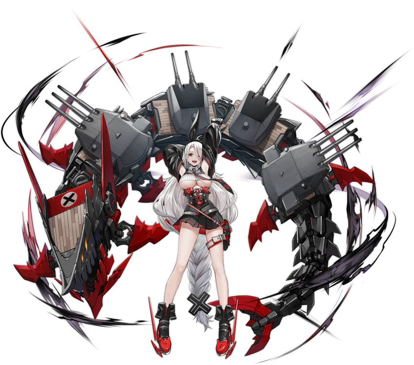 1girl anchor_symbol arms_behind_head arms_up azur_lane bangs black_footwear black_neckwear black_ribbon black_skirt black_sleeves boots braid breasts crop_top dishwasher1910 full_body hair_ornament highres jacket large_breasts long_hair long_sleeves looking_at_viewer low-tied_long_hair machinery miniskirt mole mole_under_eye necktie official_art one_eye_closed open_clothes open_jacket open_mouth parted_bangs pleated_skirt prinz_heinrich_(azur_lane) red_eyes ribbon single_braid skirt smile solo standing thigh_strap thighs tied_hair transparent_background under_boob very_long_hair