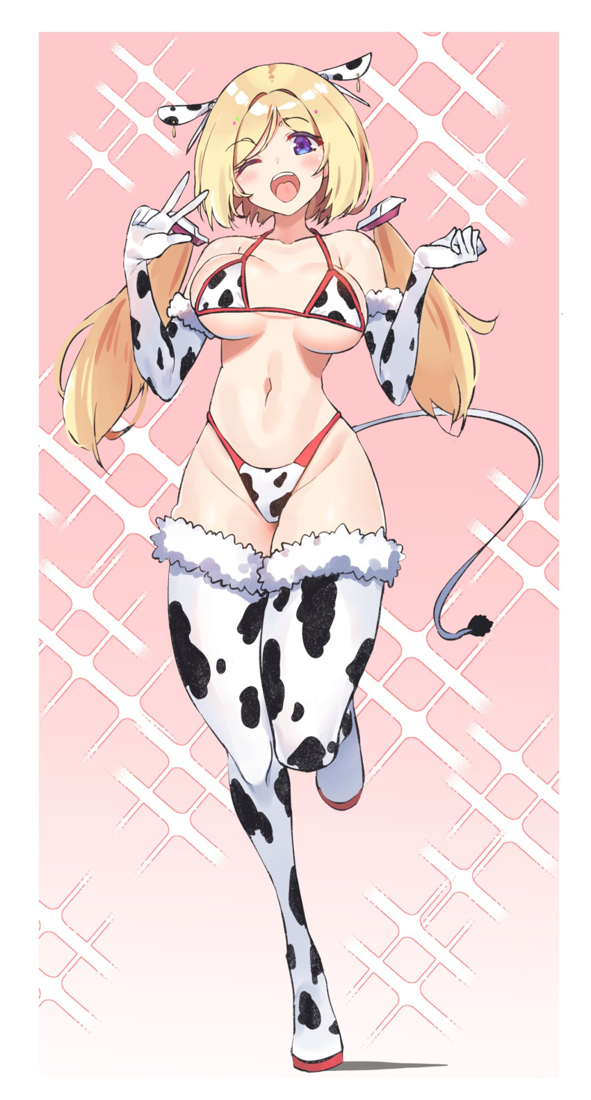 ;d absurdres aki_rosenthal animal_ears animal_print bikini blonde_hair blue_eyes blush breasts collarbone cow_ears cow_print cow_tail elbow_gloves electriccross eyebrows_visible_through_hair fake_animal_ears full_body fur-trimmed_legwear fur_trim gloves gradient gradient_background highres hololive large_breasts long_hair looking_at_viewer low_twintails navel one_eye_closed open_mouth pink_background smile sparkle_background standing standing_on_one_leg swimsuit tail teeth twintails upper_teeth v virtual_youtuber white_bikini white_gloves