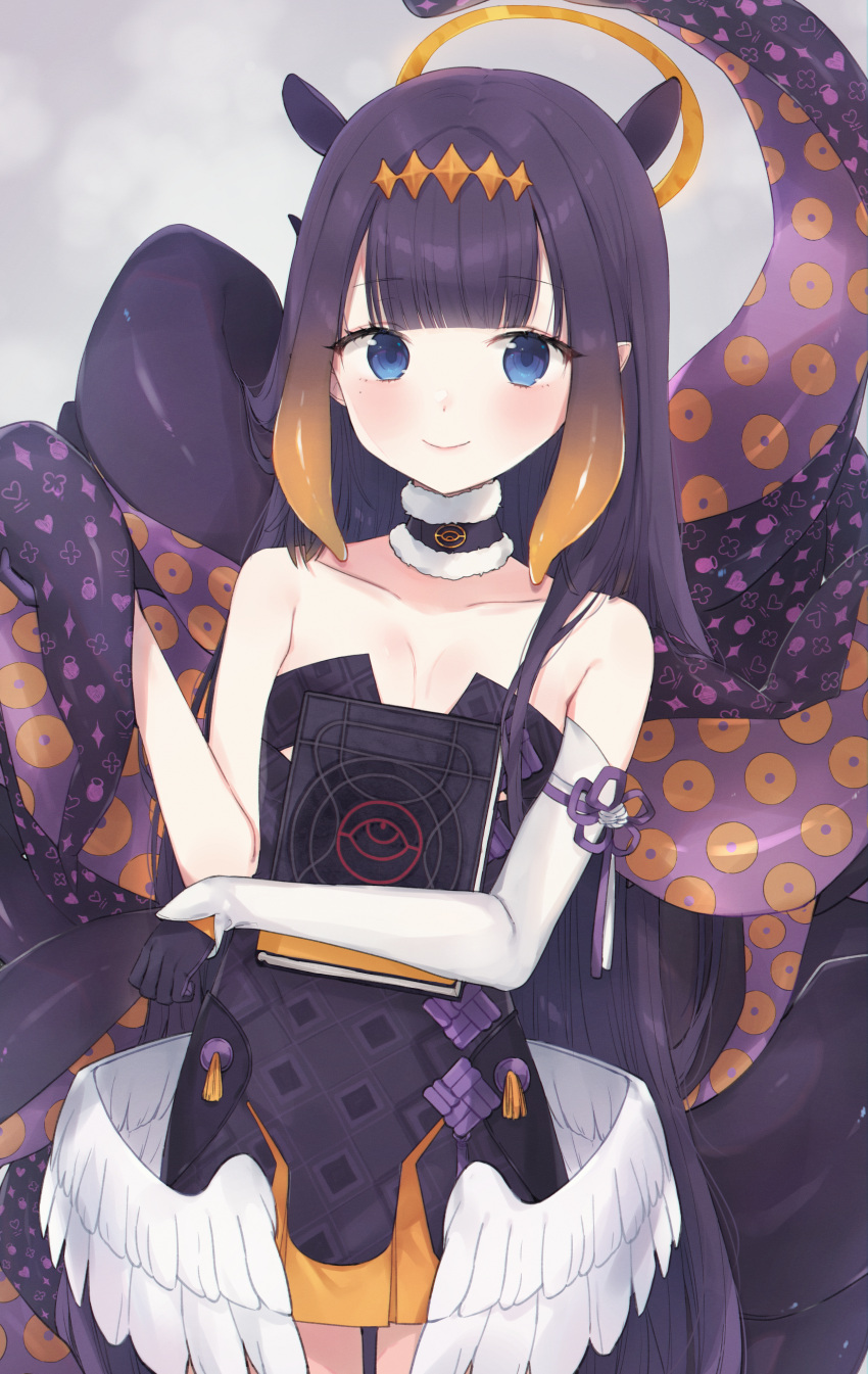 1girl absurdres bangs black_dress black_gloves blue_eyes blush book breasts brown_hair closed_mouth collarbone commentary_request detached_sleeves dress eyebrows_visible_through_hair feathered_wings gloves gradient_hair halo highres hololive hololive_english huge_filesize long_sleeves looking_at_viewer low_wings multicolored_hair nare_(17_junana) ninomae_ina'nis object_hug purple_hair single_detached_sleeve sleeves_past_wrists small_breasts smile solo standing strapless strapless_dress tentacles virtual_youtuber white_sleeves white_wings wings