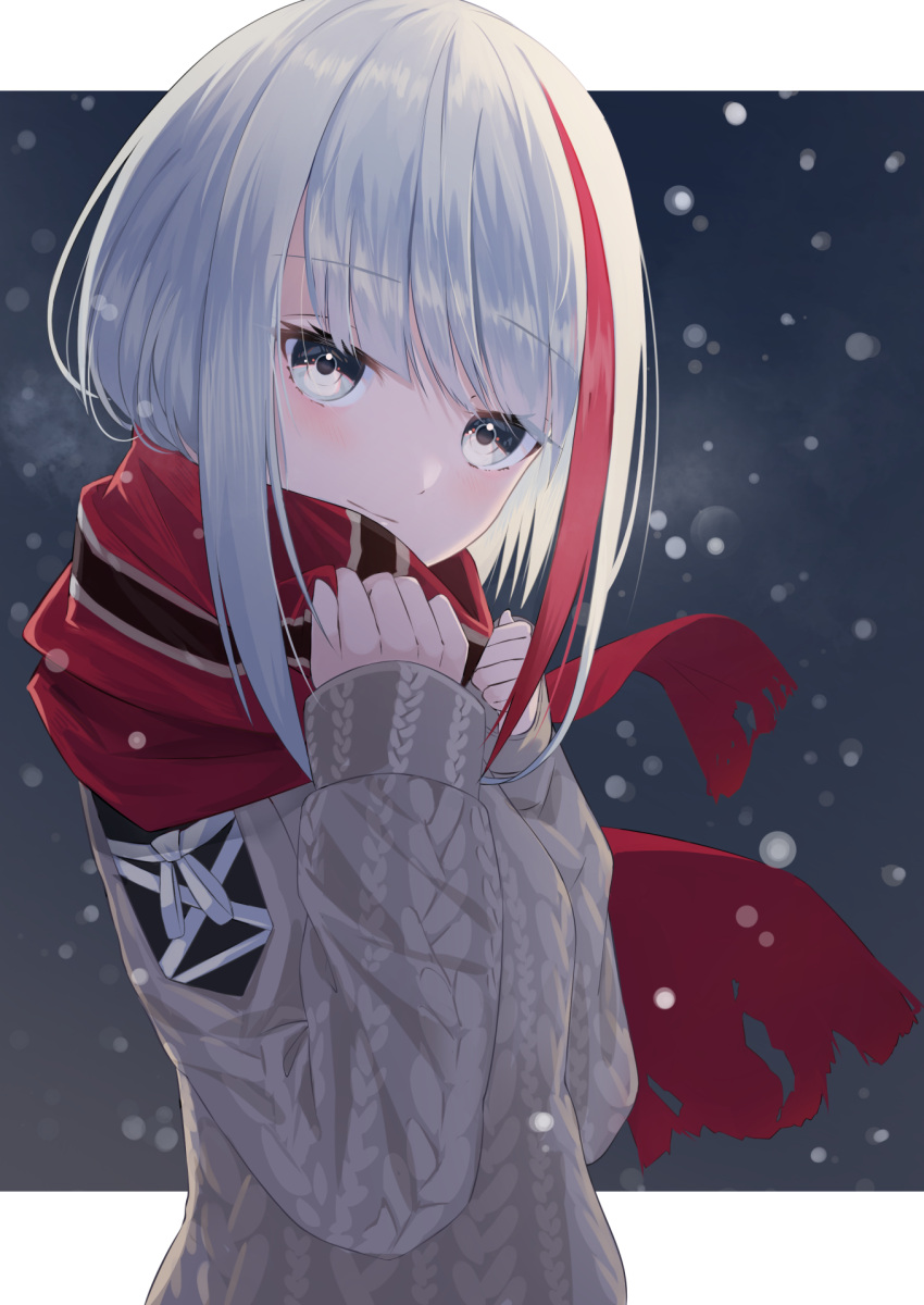 1girl admiral_graf_spee_(azur_lane) aran_sweater azur_lane bangs closed_mouth commentary_request eyebrows_visible_through_hair grey_eyes grey_sweater hands_up highres long_hair long_sleeves looking_at_viewer multicolored_hair red_scarf redhead scarf sidelocks silver_hair sleeves_past_wrists snowing solo streaked_hair sweater upper_body yamada_maya_(yamdmay)