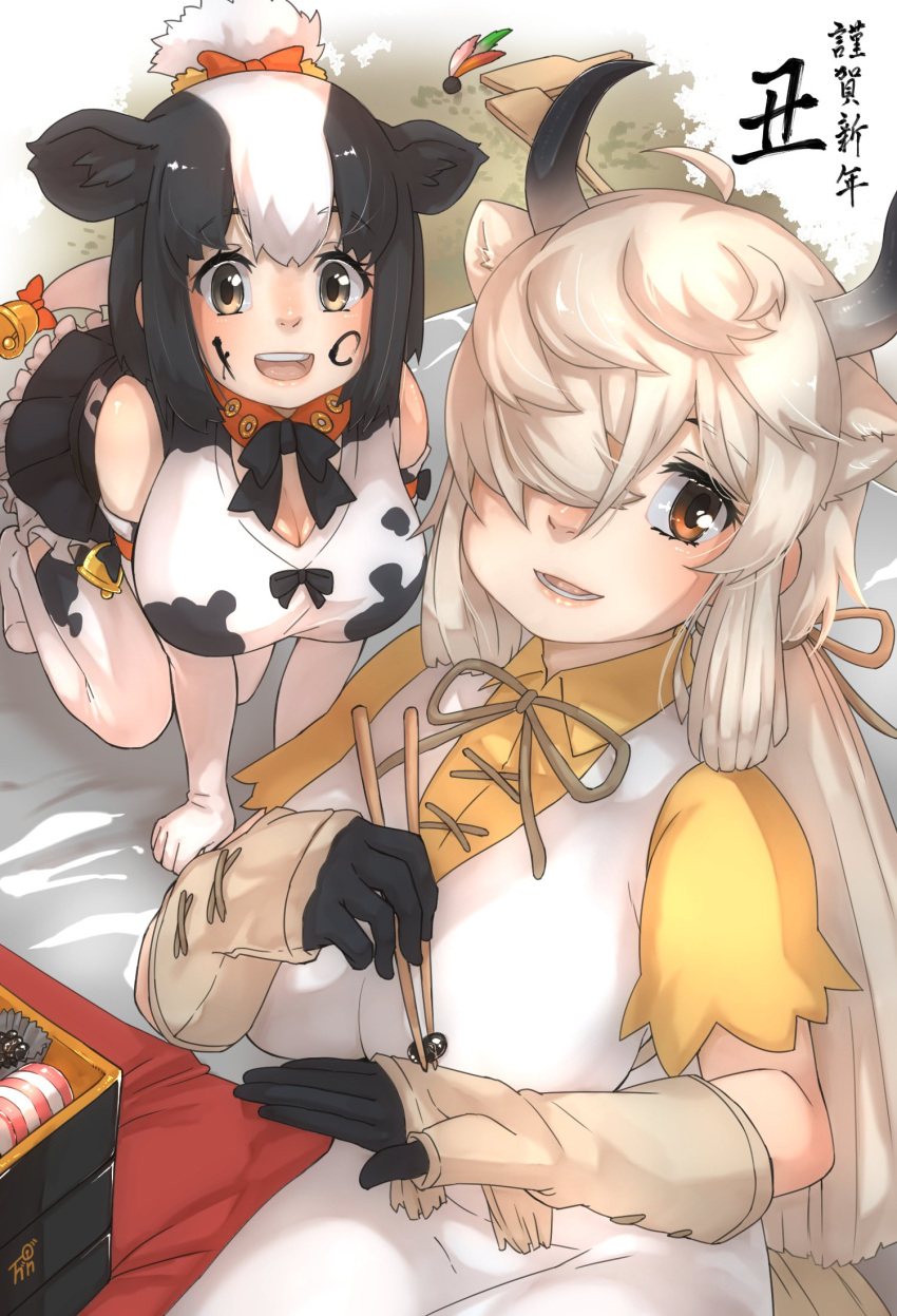 2girls all_fours animal_ears animal_print bare_shoulders black_hair black_skirt blanket bow bowtie chinese_zodiac chopsticks collared_shirt commentary_request cow_ears cow_girl cow_print cow_tail dress elbow_gloves extra_ears eyebrows_visible_through_hair facepaint frilled_skirt frills gloves hair_bow hair_bun highres holstein_friesian_cattle_(kemono_friends) kemono_friends kemono_friends_3 long_hair long_sleeves multicolored_hair multiple_girls neck_ribbon new_year orange_eyes ox_ears ox_girl ox_horns picnic pleated_skirt print_gloves print_legwear print_shirt ribbon shirt short_hair short_sleeves skirt sleeveless tail tank_top thigh-highs thin_(suzuneya) twintails two-tone_hair white_dress white_hair yak_(kemono_friends) year_of_the_ox yellow_eyes yellow_shirt zettai_ryouiki