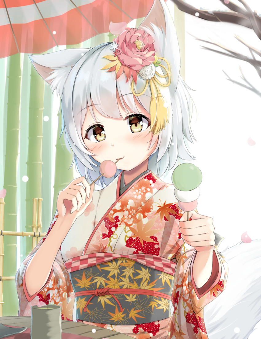1girl alternate_costume animal_ear_fluff animal_ears bamboo bamboo_fence bare_tree commentary_request cup dango day eyebrows_visible_through_hair fence flower food furisode giving hair_flower hair_ornament head_tilt highres holding_skewer incoming_food inubashiri_momiji japanese_clothes keesuke_(kkosyoku) kimono leaf leaf_print looking_at_viewer maple_leaf obi outdoors print_kimono sanshoku_dango sash short_hair silver_hair solo standing table tail touhou tree tree_branch wagashi wolf_ears wolf_tail yellow_eyes yunomi