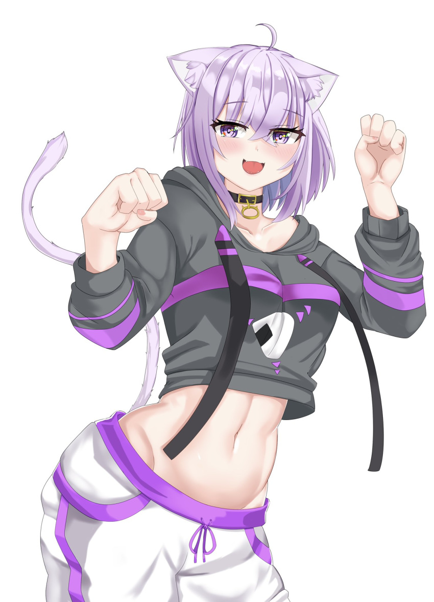 1girl :3 :d ahoge animal_collar animal_ear_fluff animal_ears baggy_pants bangs black_collar black_hoodie blush breasts cat_ears cat_tail clenched_hands collar collarbone commentary_request cowboy_shot crop_top crossed_bangs drawstring eyebrows_visible_through_hair fang food groin hair_between_eyes highres hololive hood hood_down hoodie long_sleeves looking_at_viewer medium_breasts midriff navel nekomata_okayu onigiri onigiri_print open_mouth pants paw_pose purple_hair shinonome_halltro short_hair sidelocks simple_background smile solo standing sweatpants tail violet_eyes virtual_youtuber white_background white_pants