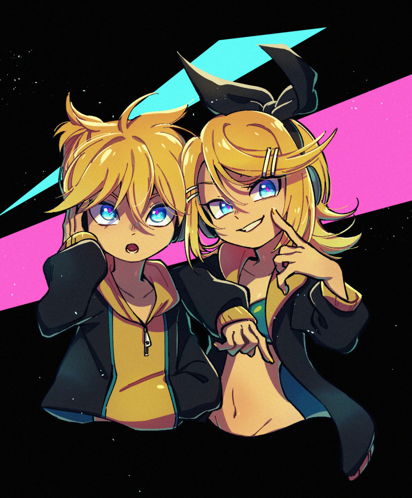 1boy 1girl aqua_bra aqua_eyes blonde_hair blue_eyes bow bra brother_and_sister collarbone elbow_on_another's_shoulder elbow_rest finger_to_cheek grin hair_bow hair_ornament hairclip hand_in_pocket headphones highres hood hoodie kagamine_len kagamine_rin looking_at_viewer midriff navel open_clothes open_mouth pink_pupils short_hair siblings smile tan twins two-tone_hoodie ukata underwear urban urban_style vocaloid yellow_hoodie
