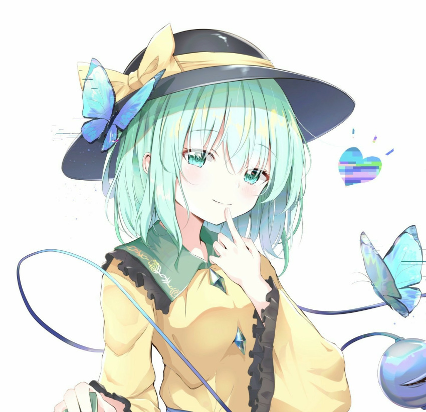 1girl black_headwear blush bow bug butterfly collared_shirt finger_to_mouth frilled_shirt frilled_shirt_collar frilled_sleeves frills green_eyes green_hair hand_up hat hat_bow heart highres insect iyo_(ya_na_kanji) komeiji_koishi long_sleeves looking_at_viewer medium_hair shirt simple_background smile solo third_eye touhou upper_body white_background wide_sleeves yellow_bow yellow_shirt
