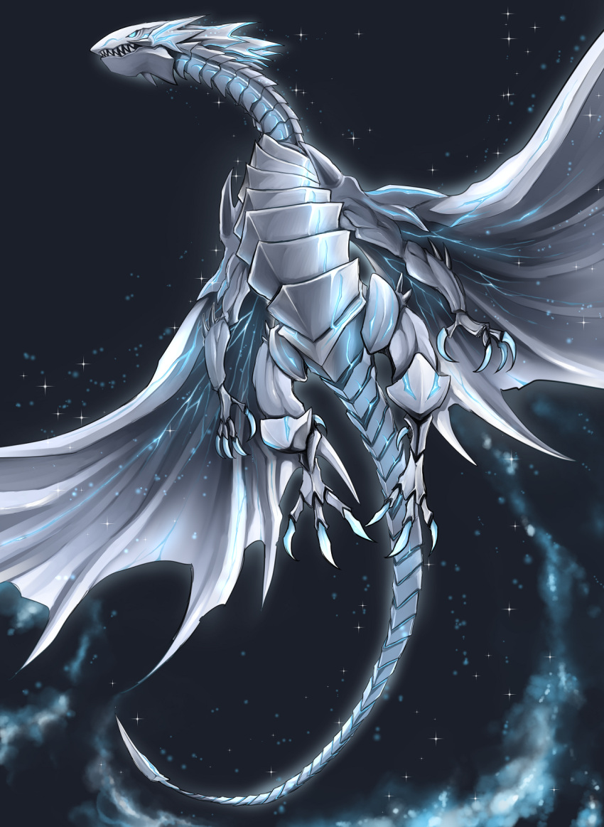 bioluminescence blue-eyes_alternative_white_dragon blue_eyes claws dragon duel_monster flying highres night night_sky no_humans ryou_(cagw5223) sharp_teeth sky tail teeth wings yu-gi-oh!