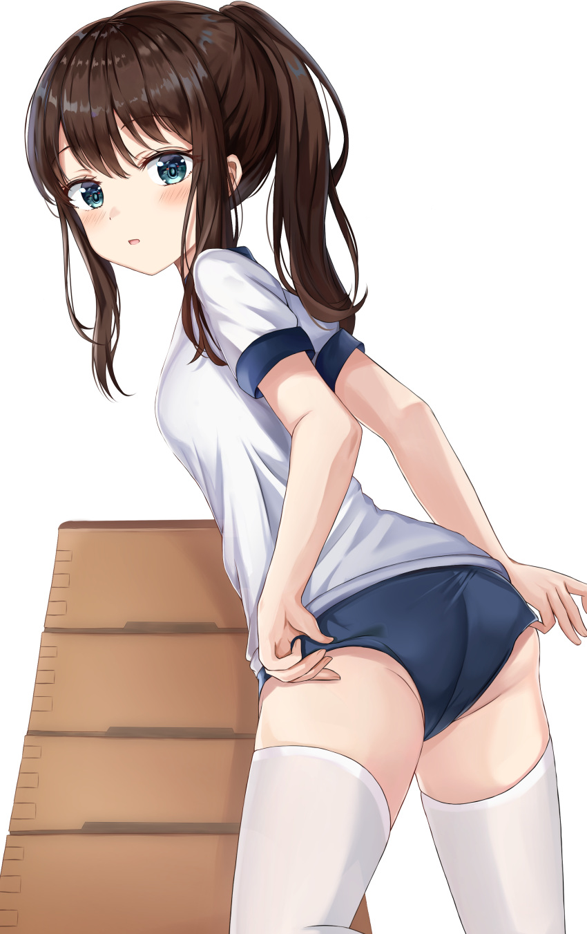 1girl absurdres aqua_eyes ass bad_anatomy bangs blush breasts brown_hair buruma eyebrows_visible_through_hair feet_out_of_frame gym_uniform hair_between_eyes highres long_hair looking_at_viewer looking_back original parted_lips ponytail shirt short_sleeves sidelocks simple_background small_breasts solo stack standing thigh-highs thighs underwear white_background white_legwear white_shirt zeroillya