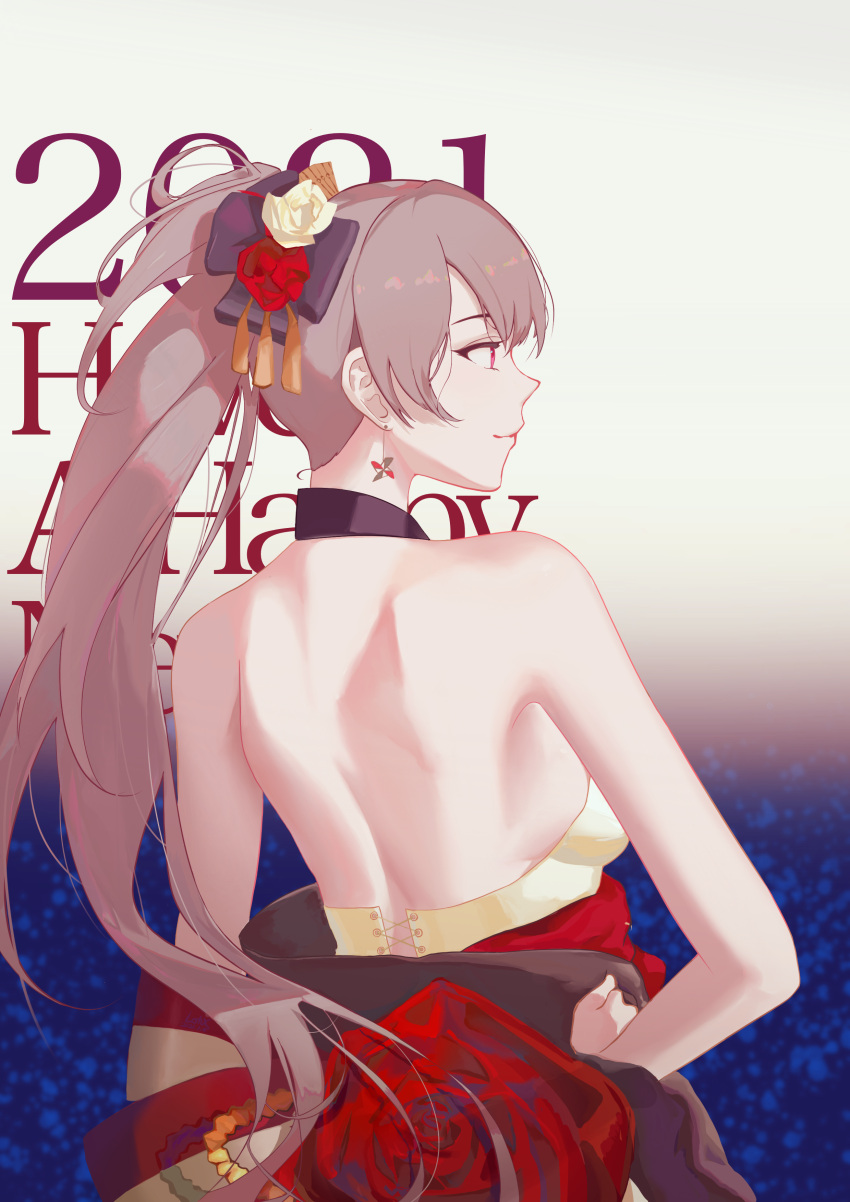 1girl absurdres aikawa_lotus azur_lane back backless_dress backless_kimono backless_outfit bangs bare_shoulders closed_mouth commentary_request dress earrings english_text from_behind grey_hair hand_on_hip happy_new_year highres japanese_clothes jean_bart_(azur_lane) jean_bart_(first_snow_upon_the_cutlass's_edge)_(azur_lane) jewelry kimono long_hair long_ponytail looking_to_the_side new_year ponytail red_eyes shoulder_blades sidelocks sleeveless sleeveless_dress sleeveless_kimono smile solo