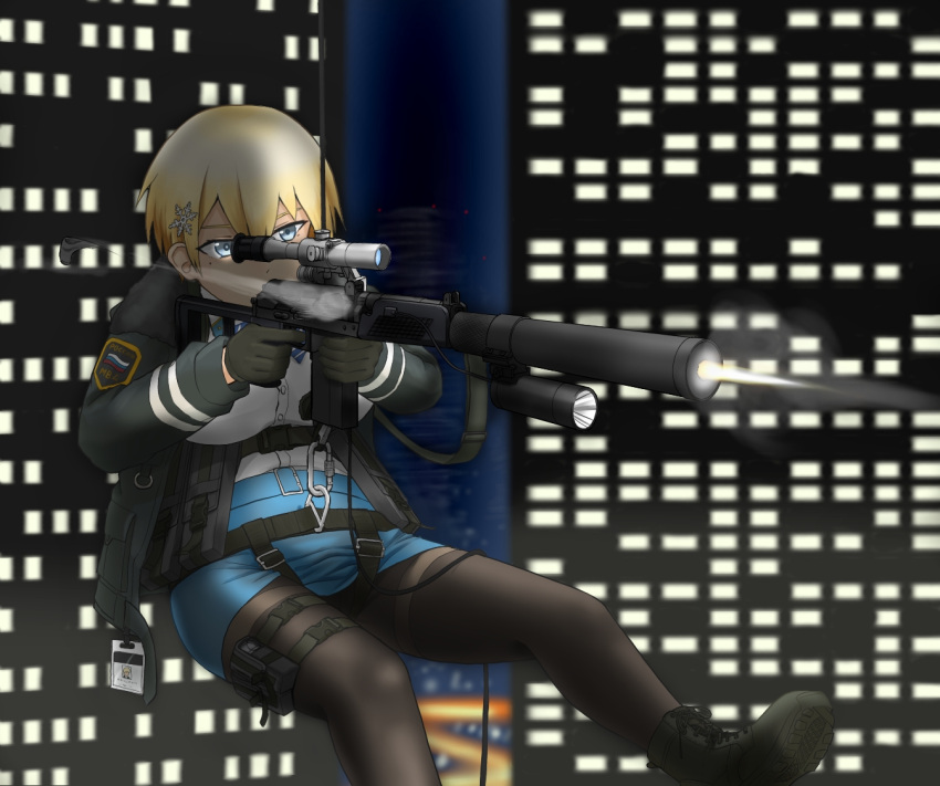 1girl bangs belt black_footwear black_gloves black_jacket black_legwear blonde_hair blue_belt blue_eyes blue_neckwear blue_skirt breasts building collared_shirt commentary_request eyebrows_behind_hair firing girls_frontline gloves gun hair_between_eyes hair_ornament holding holding_gun holding_weapon id_card jacket large_breasts long_sleeves maaranto magazine_(weapon) miniskirt mole mole_under_eye neck_ribbon night open_clothes open_jacket outdoors pantyhose ribbon scope shirt shirt_tucked_in shoes short_hair sidelocks skirt skyscraper smoke snap-fit_buckle snowflake_hair_ornament solo striped striped_neckwear thigh_pouch thighband_pantyhose trigger_discipline underbust vsk-94 vsk-94_(girls_frontline) weapon white_shirt