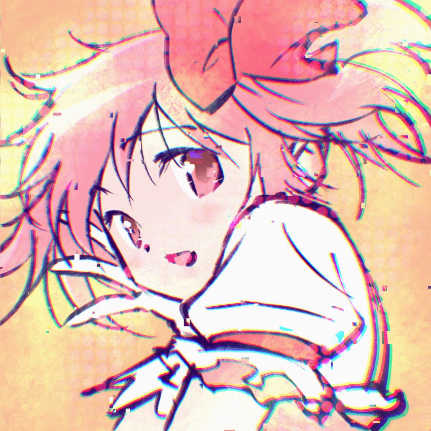 1girl black_outline blurry chromatic_aberration close-up dot_nose eyebrows_visible_through_hair face floating_hair frilled_sleeves frills from_side gloves gradient gradient_background hair_ribbon hand_on_own_cheek hand_on_own_face hand_up happy highres kaname_madoka light_blush looking_at_viewer looking_to_the_side mahou_shoujo_madoka_magica orange_background outline parted_lips pink_eyes pink_hair pink_ribbon pink_theme polka_dot puffy_short_sleeves puffy_sleeves ribbon shiny shiny_hair short_sleeves short_twintails simple_background sketch smile solo taniguchi_jun'ichirou tareme twintails upper_body white_gloves yellow_background