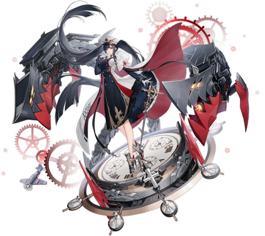 1girl aircraft airplane armored_shoes azur_lane bangs black_dress black_hair breasts cape dress full_body fur_trim gloves gujianshaonu hat high_heels highres large_breasts long_dress long_hair long_sleeves looking_at_viewer machinery official_art parted_lips peaked_cap peter_strasser_(azur_lane) shiny shiny_hair simple_background smile transparent_background turret uniform violet_eyes