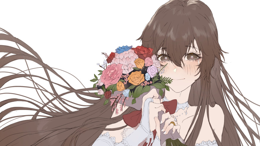 aochoku blush bouquet breasts brown_eyes brown_hair crying crying_with_eyes_open dress flower highres jewelry long_hair necklace otonashi_maria red_ribbon ribbon small_breasts smile strapless strapless_dress tears utsuro_no_hako_to_zero_no_maria very_long_hair wedding_dress white_background white_dress