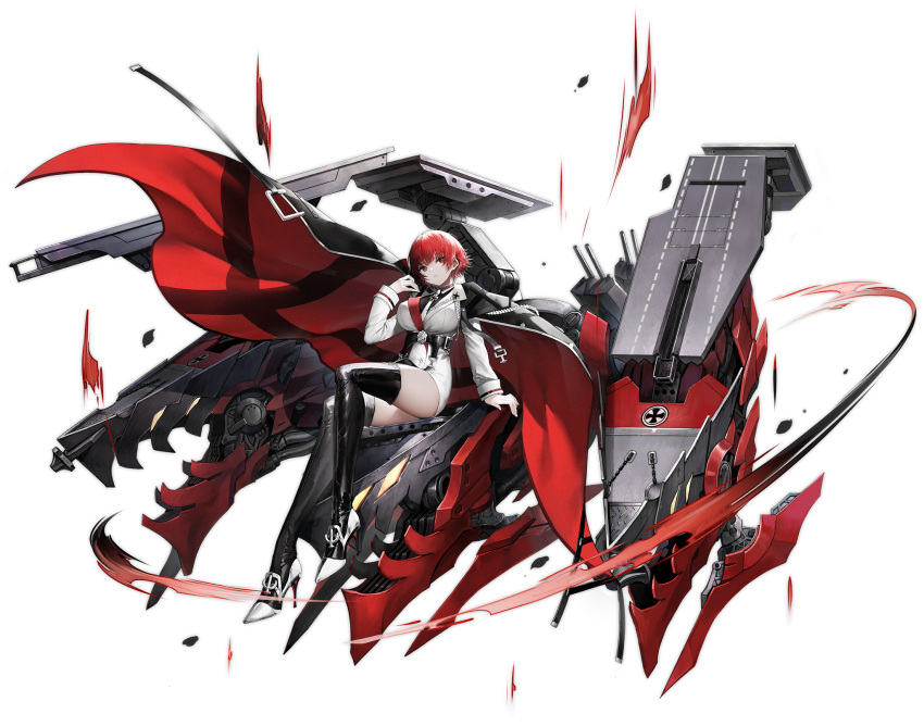 1girl arm_support azur_lane bangs black_footwear boots breasts cape full_body haori_iori highres large_breasts long_sleeves looking_at_viewer looking_away machinery necktie official_art parted_lips red_eyes redhead shiny shiny_clothes short_hair sitting thigh-highs thigh_boots thighs transparent_background weser_(azur_lane)