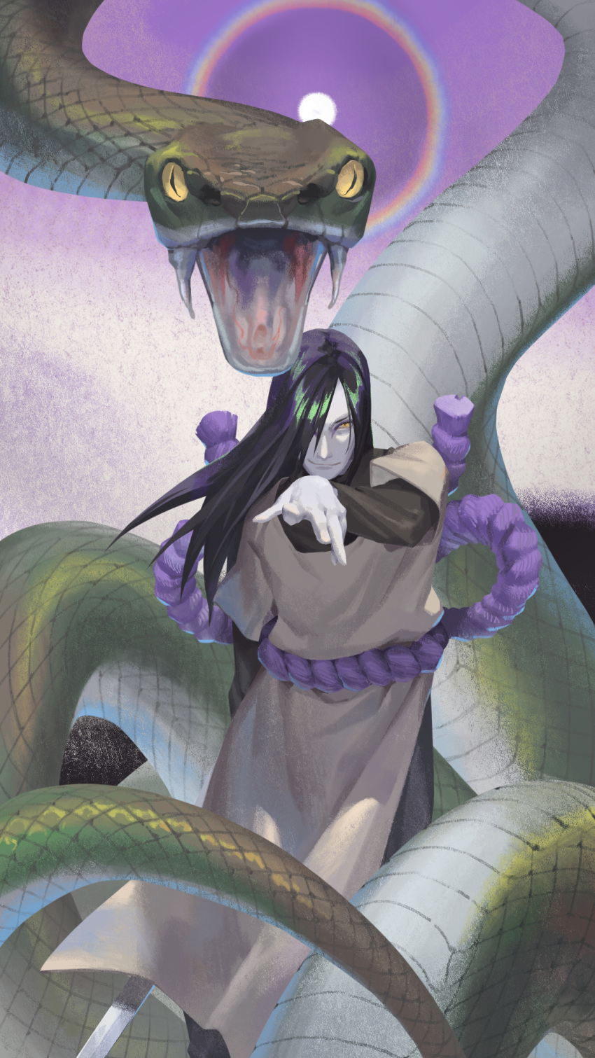 1boy animal arm_behind_back belt black_hair chang_(eva72314) closed_mouth colored_skin fangs highres holding holding_sword holding_weapon long_hair looking_at_viewer male_focus naruto naruto_(series) open_mouth orochimaru oversized_animal purple_belt rainbow rope rope_belt slit_pupils smile snake standing sun sword weapon white_skin yellow_eyes