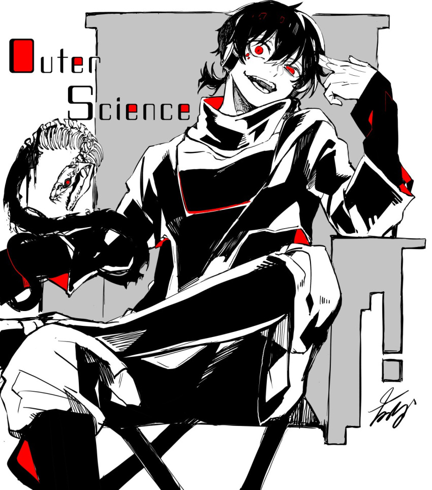 1boy animal bone finger_gun finger_gun_to_head greyscale hair_between_eyes hatching_(texture) highres male_focus monochrome nanora_(sero4) open_mouth outer_science_(vocaloid) ponytail red_eyes sharp_teeth signature sitting skeleton slit_pupils smile snake solo spot_color teeth tongue upper_teeth