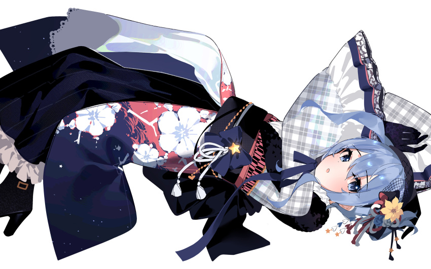 1girl bangs black_gloves blue_eyes blue_hair blush boots eyebrows eyebrows_visible_through_hair flower gloves hair_between_eyes hair_ornament high_heel_boots high_heels highres hololive hoshimachi_suisei japanese_clothes kimono looking_at_viewer lying mania_(fd6060_60) on_side open_mouth virtual_youtuber