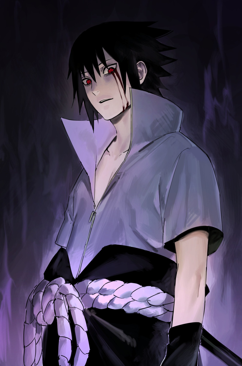 1boy absurdres aura bare_pecs black_hair blood blood_on_face bloody_tears collarbone dark_aura hair_between_eyes highres male_focus mangekyou_sharingan naruto_(series) naruto_shippuuden ningyeon parted_lips red_eyes rope rope_belt scabbard sharingan sheath sketch solo spiky_hair standing teeth uchiha_sasuke zipper zipper_pull_tab