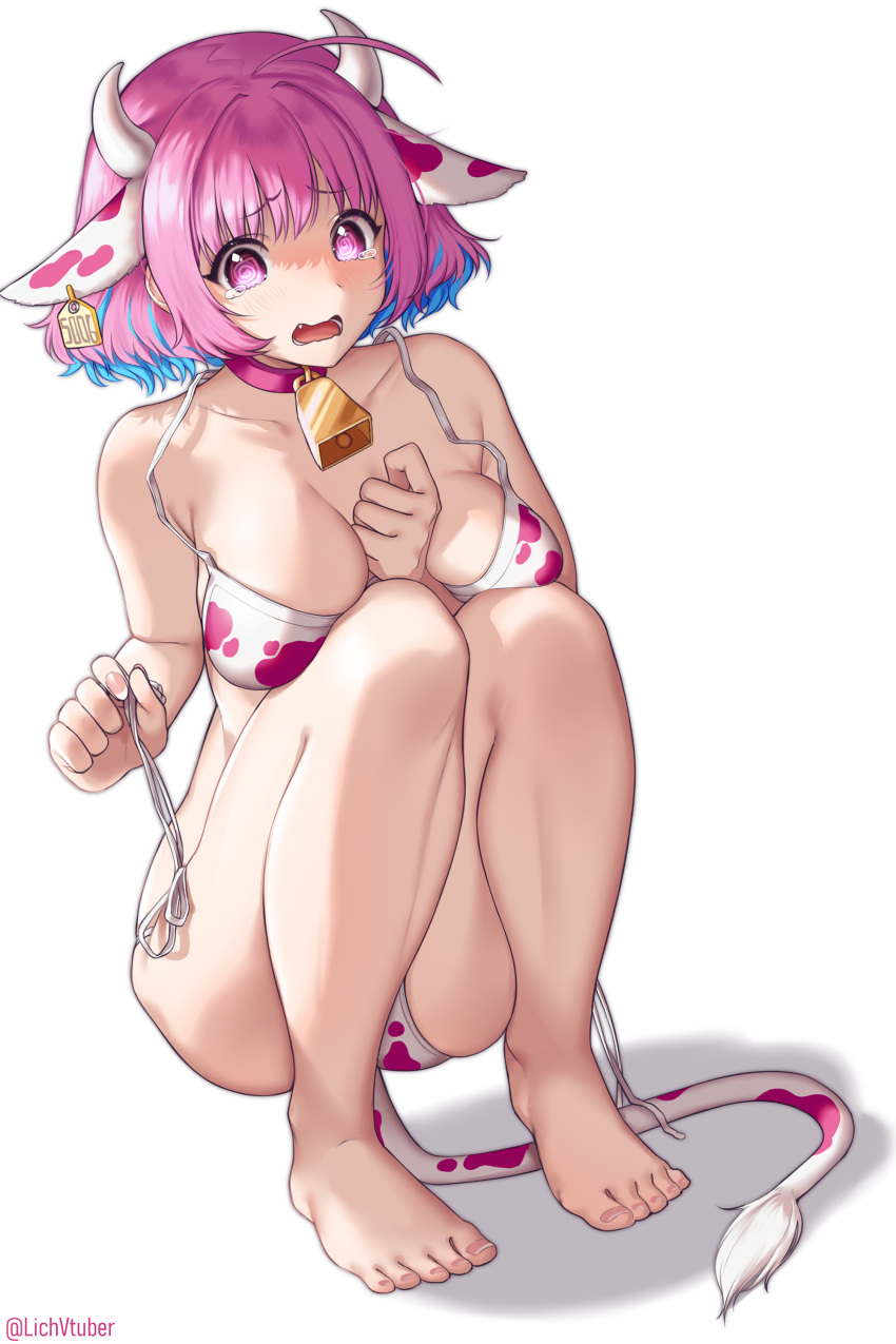 1girl @_@ absurdres ahoge animal_print bangs barefoot bell bell_collar blue_hair breasts bsapricot collar cow_girl cow_horns cow_print cowbell ear_tag eyebrows_visible_through_hair fake_horns fake_tail fang full_body highres horns idolmaster idolmaster_cinderella_girls large_breasts multicolored_hair open_mouth pink_hair shadow short_hair simple_background solo squatting tail tearing_up twitter_username two-tone_hair white_background yumemi_riamu