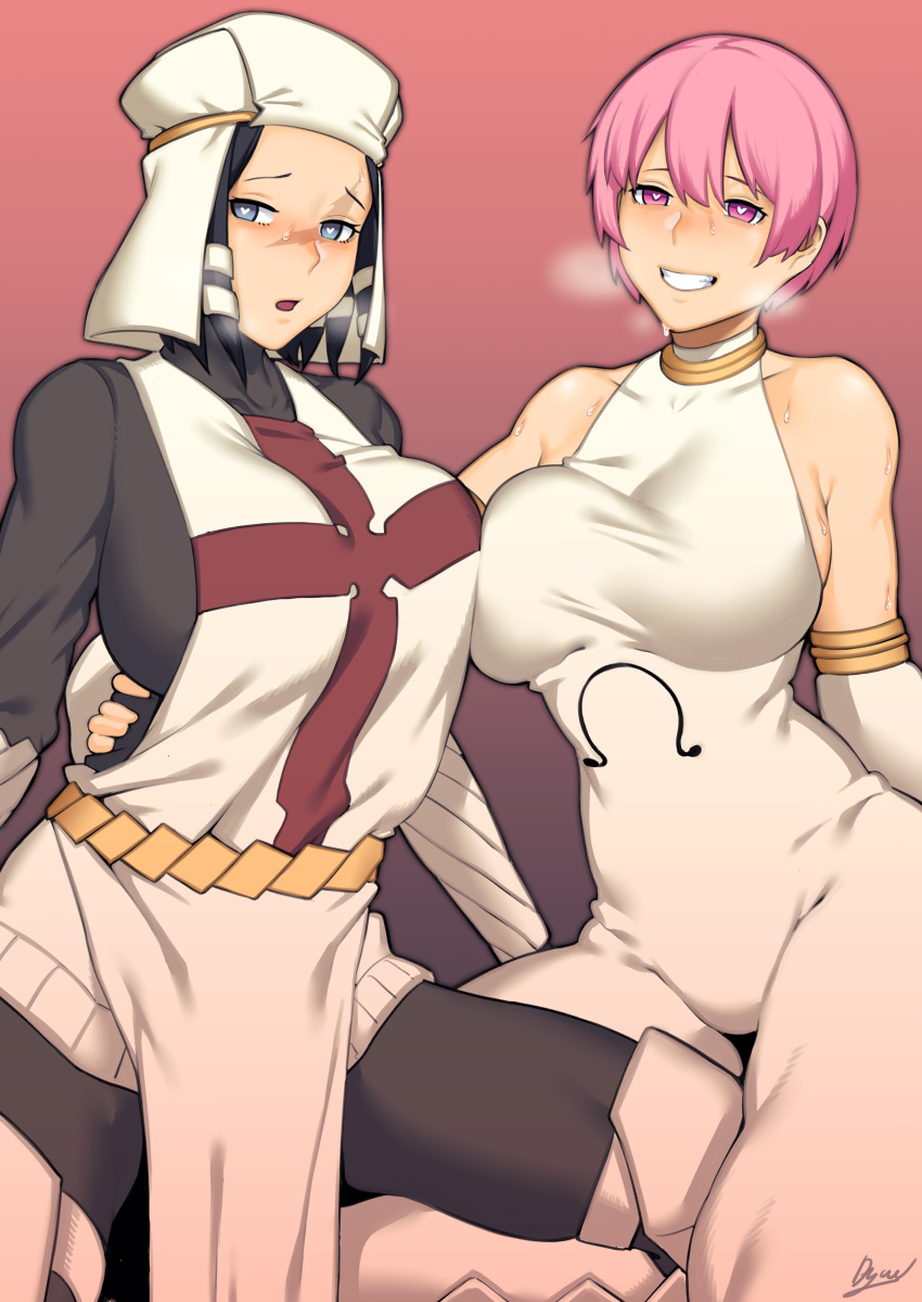 2girls absurdres arrow_(en'en_no_shouboutai) asymmetrical_docking bare_shoulders black_bodysuit black_hair blue_eyes blush bodysuit breast_press breasts breath collarbone commentary_request covered_collarbone detached_sleeves dress dyun en'en_no_shouboutai gradient gradient_background highres holding_another kasugatani_inca large_breasts looking_to_the_side multiple_girls omega_symbol open_mouth pelvic_curtain pink_eyes pink_hair robe short_hair signature smile sweat symbol-shaped_pupils teeth white_dress white_headwear white_robe