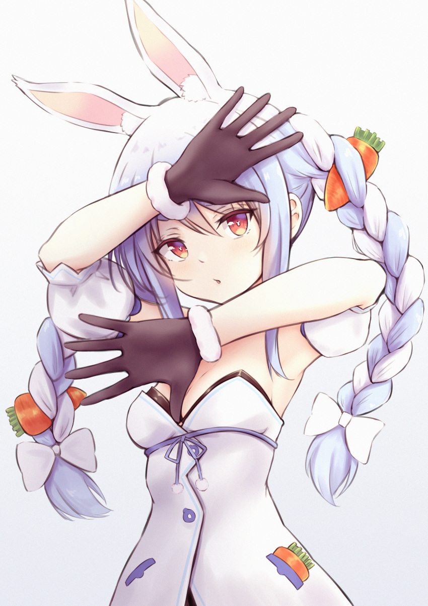 1girl :o absurdres animal_ear_fluff animal_ears armpits bangs black_gloves blue_hair blue_ribbon bow braid breasts bunny-shaped_pupils carrot carrot_hair_ornament detached_sleeves dress extra_ears eyebrows_behind_hair food_themed_hair_ornament from_below fur_trim gloves gradient gradient_background hair_between_eyes hair_bow hair_ornament highres hololive huge_filesize long_hair looking_at_viewer multicolored_hair open_hand orange_eyes pikao pom_pom_(clothes) puffy_short_sleeves puffy_sleeves rabbit_ears ribbon short_sleeves sidelocks silver_hair simple_background small_breasts solo tagme twin_braids twintails two-tone_hair upper_body usada_pekora virtual_youtuber white_background white_bow white_dress