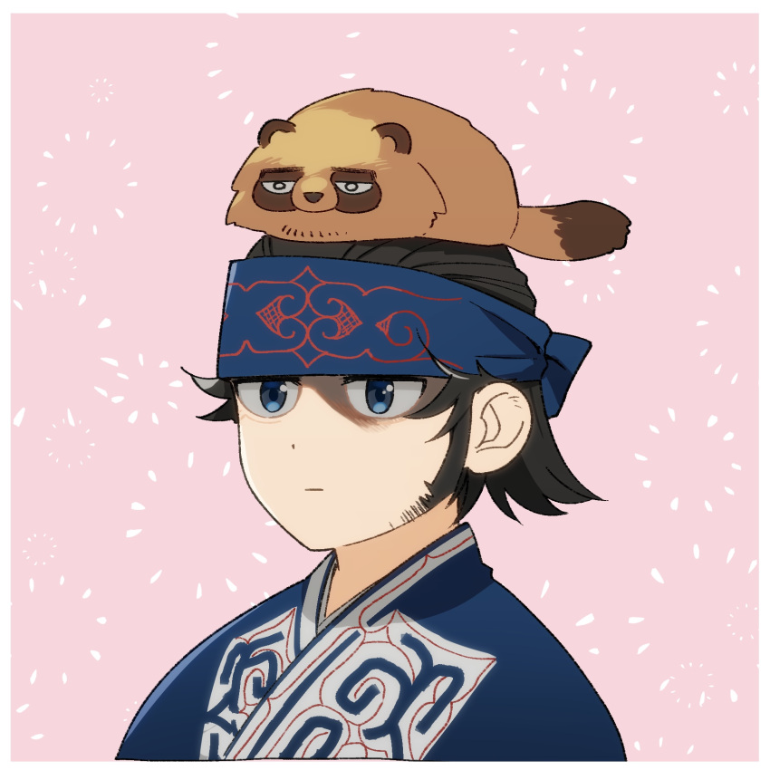 1boy animal animal_on_head black_hair blue_headband blue_kimono closed_mouth commentary_request framed golden_kamuy headband highres japanese_clothes kimono kiroranke looking_away ma_kns male_focus on_head pink_background simple_background solo