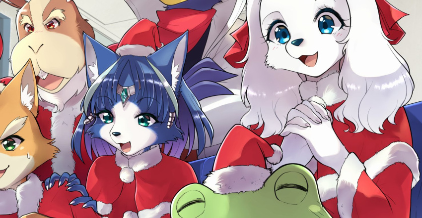 2girls 4boys :3 alternate_costume animal_ear_fluff animal_ears animal_nose aqua_eyes bandana bangs bird_boy blue_eyes blue_fur blush body_fur buck_teeth capelet christmas circlet claws closed_eyes colored_skin commentary_request cropped crossed_arms crystal dog_ears dog_girl eyebrows_visible_through_hair falco_lombardi fay_spaniel fox_boy fox_girl fox_mccloud frog_boy fur-trimmed_capelet fur-trimmed_headwear fur-trimmed_sleeves fur_trim furry green_eyes green_skin hair_ribbon hair_tubes hands_on_another's_shoulder hands_together hands_up happy hat high_collar indoors interlocked_fingers jacket jpeg_artifacts krystal light_blush long_sleeves multicolored_hair multiple_boys multiple_girls namagaki_yukina nose_blush open_clothes open_jacket open_mouth peppy_hare pom_pom_(clothes) rabbit_boy rabbit_ears red_capelet red_eyes red_headwear red_ribbon red_shirt ribbon santa_hat sapphire_(gemstone) shiny shiny_hair shirt sitting slippy_toad smile snout standing star_fox star_fox_2 star_fox_assault sweat thick_eyebrows two-tone_fur two-tone_hair upper_body white_fur white_jacket