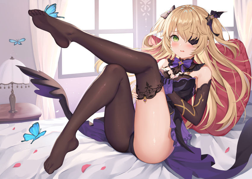 1girl absurdres ass bare_shoulders bed black_dress black_panties blonde_hair bow bowtie breasts brown_legwear bug butterfly detached_collar detached_sleeves dress embarrassed eyepatch feet fischl_(genshin_impact) genshin_impact gloves green_eyes hair_bow hair_over_one_eye highres hokori_sakuni insect knees_up lamp leg_up long_hair looking_at_viewer medium_breasts no_shoes on_bed panties parted_lips pillow reclining revealing_clothes single_glove single_leg_pantyhose single_thighhigh solo tailcoat thigh-highs thighs two_side_up underwear