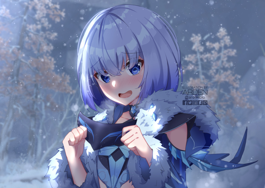 1girl ardenlolo blue_eyes blurry blush clothing_cutout cryo_cicin_mage_(genshin_impact) day depth_of_field embarrassed fur_trim genshin_impact holding hood hood_down long_sleeves looking_at_viewer mask mask_removed open_mouth outdoors short_hair shoulder_cutout side_cutout snowing solo sunlight upper_body white_hair wide_sleeves