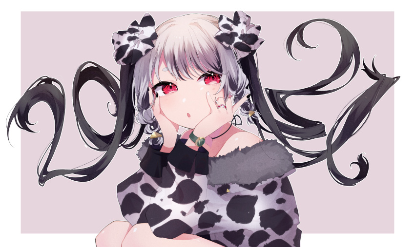 1girl 2021 :o animal_print bangs bare_shoulders black_choker black_legwear blush border bow cha_sakura choker commentary_request cow_print fur_trim hair_bow hands_on_own_cheeks hands_on_own_face highres jewelry long_sleeves looking_at_viewer multicolored multicolored_hair multicolored_nails nail_polish open_mouth original outside_border print_bow purple_background red_eyes ring silver_hair simple_background solo squatting twintails two-tone_hair upper_body watch watch white_border