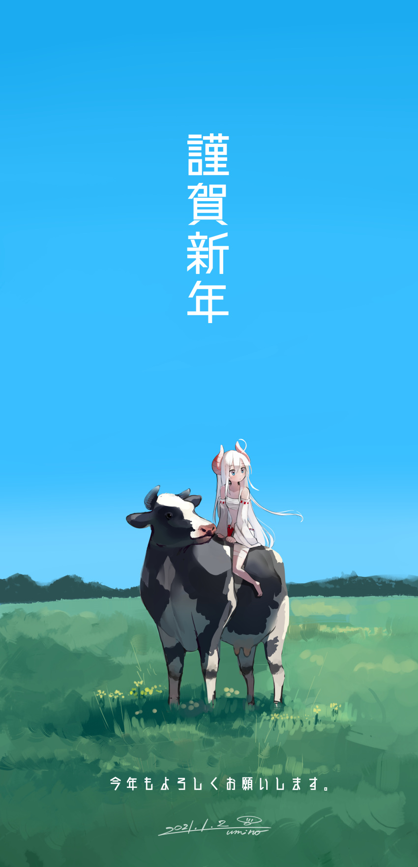 1girl absurdres animal bangs barefoot blue_eyes chinese_zodiac cow dated day detached_sleeves grass hair_between_eyes highres horns japanese_clothes long_hair long_sleeves new_year original outdoors ribbon-trimmed_sleeves ribbon_trim sarashi signature sky umino_atari white_hair wide_sleeves year_of_the_ox