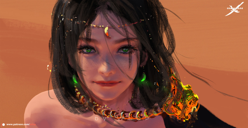 1girl artist_name bare_shoulders black_hair character_request copyright_name crescent crescent_earrings earrings eyelashes freckles ghostblade green_eyes head_chain highres jewelry light_smile looking_at_viewer necklace patreon_username portrait short_hair solo watermark wlop