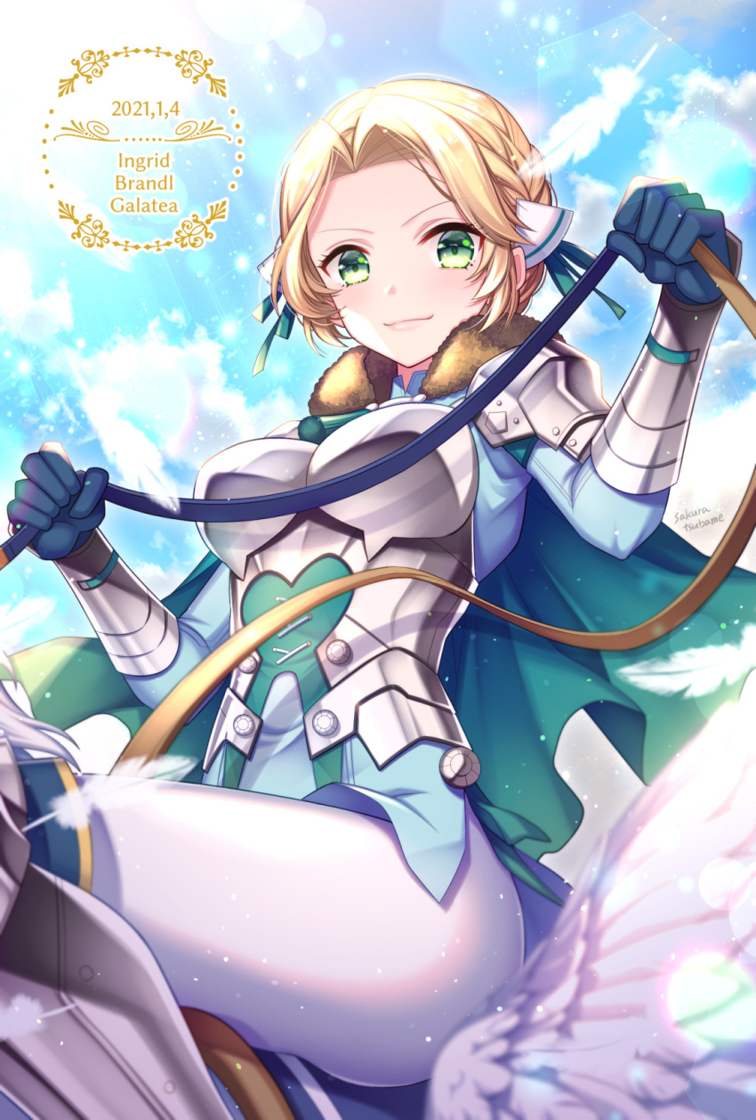 1girl armor bangs blonde_hair blue_gloves blue_shirt blue_sky braid breastplate breasts closed_mouth clouds cloudy_sky commentary_request day eyebrows_visible_through_hair feathers fire_emblem fire_emblem:_three_houses forehead gloves greaves green_eyes highres holding ingrid_brandl_galatea looking_at_viewer medium_breasts outdoors pants parted_bangs reins sakura_tsubame shirt short_hair sitting sky smile solo vambraces white_feathers white_pants